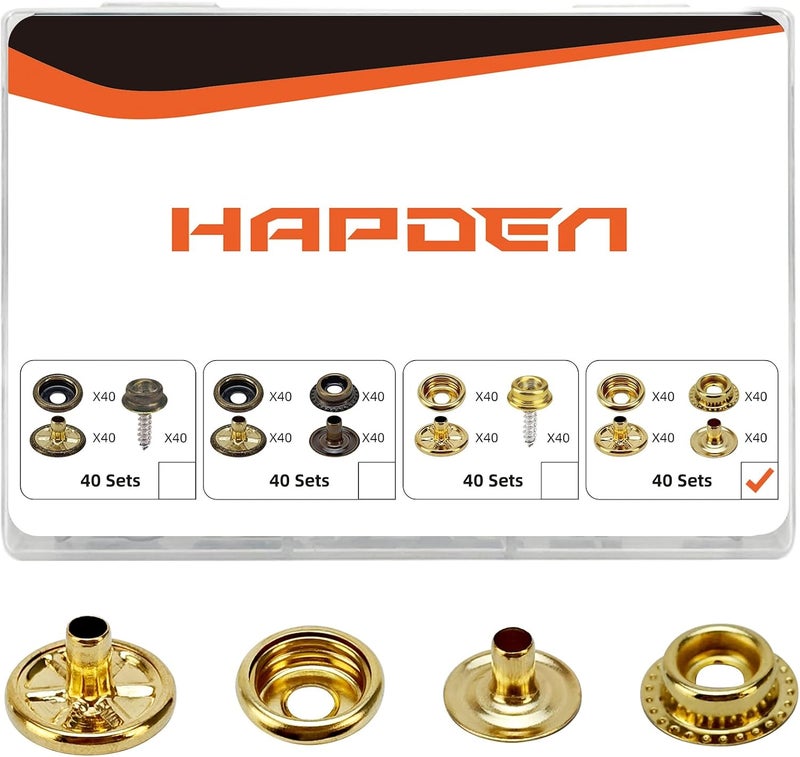 HAPDEN 160 Pcs Snap Buttons, Fasteners Kit 15mm Stainless Steel Marine Grade Boat Canvas Snaps, 3/8" Socket Metal for Clothing Leather Boat Cover Fabric (Gold) - Image 1